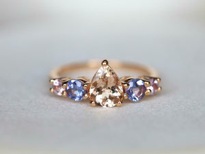 1.5ct Engagement Ring Pear Cut Peach Morganite Five Stone 14k Rose Gold Finish