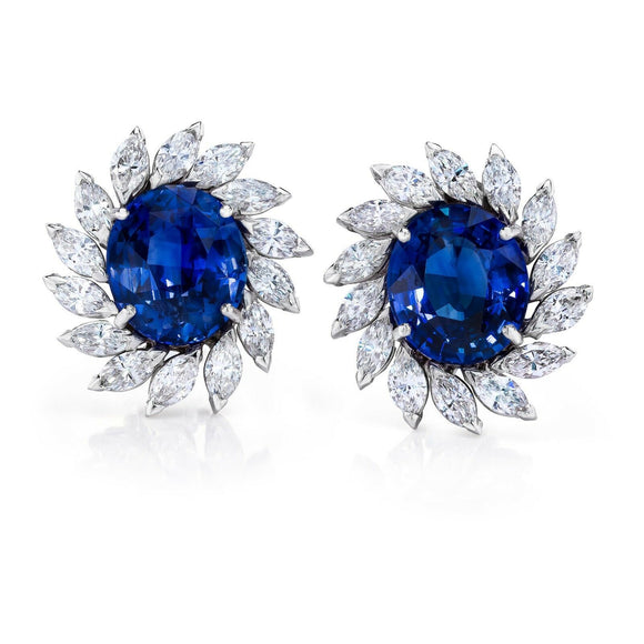 4Ct Oval Blue Sapphire Marquise Diamonds Halo Stud Earring 14K White Gold Finish