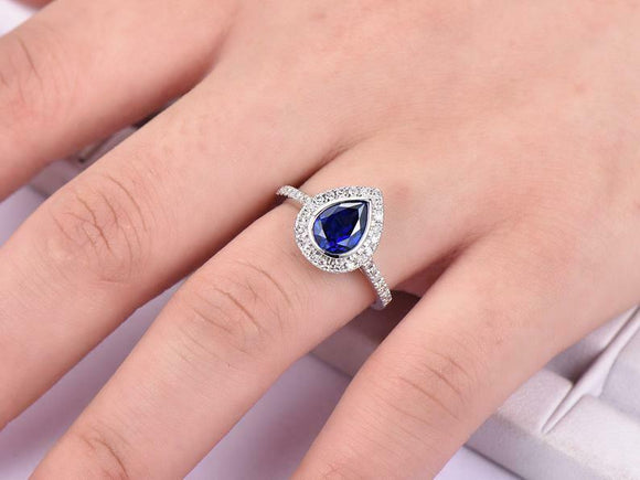 1.9ct Pear Cut Blue Sapphire Engagement Ring Diamond Halo 14k White Gold Finish