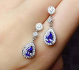 2.8ct Drop Earrings Pear Cut Blue Tanzanite Tear Drop Halo 14k White Gold Finish