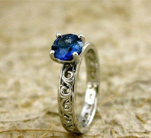 0.5Ct Round Blue Sapphire Filigree Solitaire Engagement Ring 14K White Gold Over