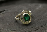 2.7ct Oval Cut Green Emerald Vintage Inspired Halo Ring 14k White Gold Finish