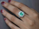 5ct Engagement Ring Cushion Cut Emerald Diamond Halo Floral 14k White Gold Over