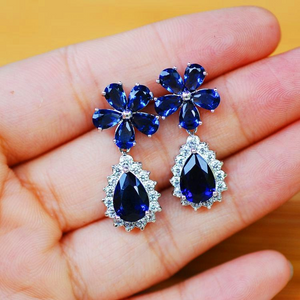 5ct Pear Cut Blue Sapphire Halo Pear Shape Drop Earrings 14k White Gold Finish