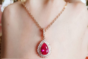 1.5ct Pear Pink Ruby Double Halo Cluster Pendant with Chain 14k Rose Gold Finish