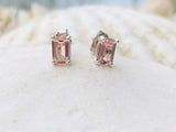 1.4ct Stud Earrings Emerald Cut Peach Morganite Solitaire 14k White Gold Finish