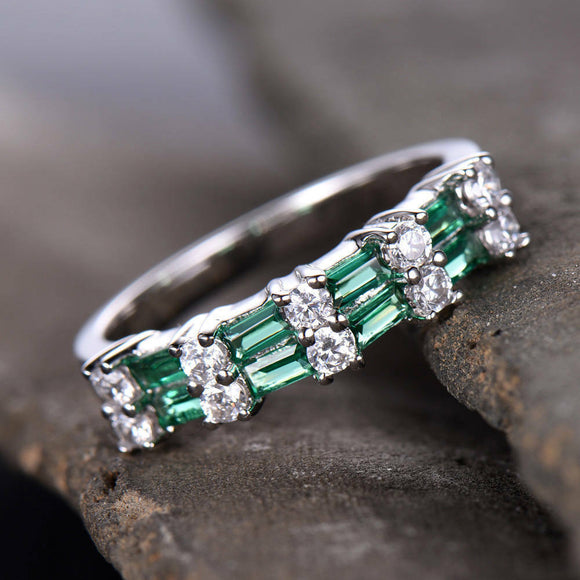 1ct Baguette Cut Green Emerald Fancy Design Engagement Ring 14k WhiteGold Finish