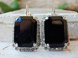 4ct Emerald Cut Black Diamond Halo Cocktail Drop Earrings 14k White Gold Finish