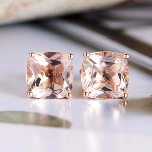 2ct Cushion Cut Peach Morganite Solitaire Stud Earrings 14k Rose Gold Finish