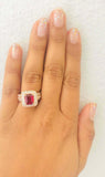 5ct Emerald Cut Pink Ruby Engagement Ring 3 Row Shank Halo 14k Rose Gold Finish