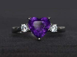 1ct Heart Cut Purple Amethyst Engagement Ring 14k White Gold Finish Trilogy