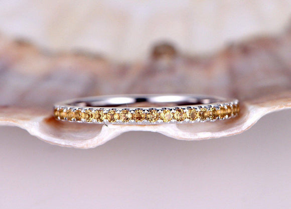 1ct Round Cut Yellow Citrine Half Eternity Wedding Band Ring 14k White Gold Over