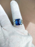 2.4ct Emerald Cut Blue Sapphire Heart Shank Solitaire Ring 14k White Gold Finish