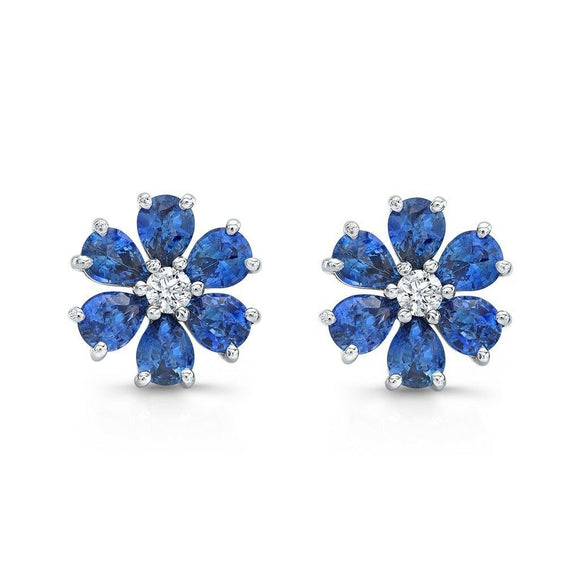 4Ct Pear Cut Blue Sapphire Diamond Floral Stud Earrings 14K White Gold Finish