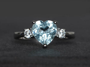 1.4ct Engagement Ring Heart Cut Blue Aquamarine Three Stone 14k WhiteGold Finish