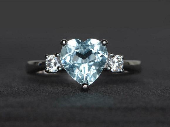 1.4ct Engagement Ring Heart Cut Blue Aquamarine Three Stone 14k WhiteGold Finish