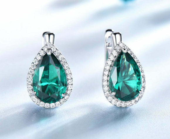 3ct Stud Earrings Pear Cut Emerald Diamond Halo Latch Back 14k White Gold Finish