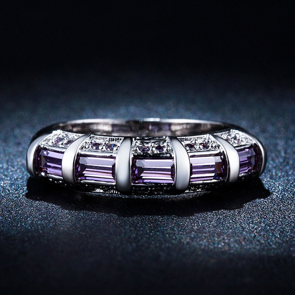 4Ct Emerald Cut Purple Amethyst Gatsby Wedding Ring Band 14K White Gold Finish