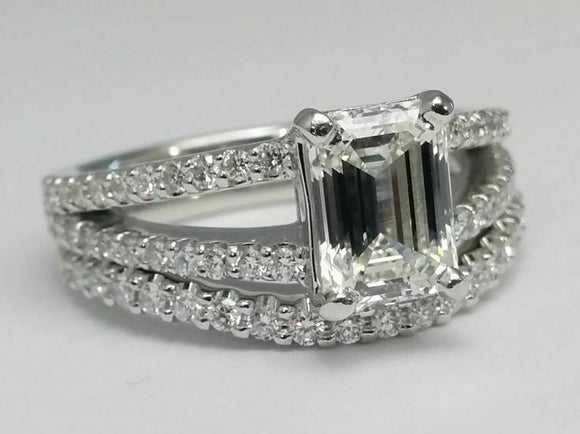 5Ct Emerald Cut Diamond Bridal Wedding Set Split Band Ring 14K White Gold Finish