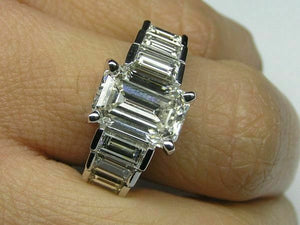 4.2ct Emerald Cut Diamond Engagement Ring Baguette Accent 14k White Gold Finish