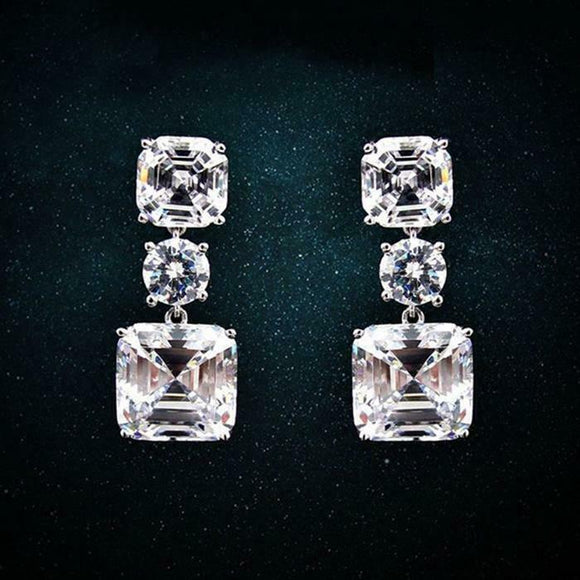 4Ct Asscher Round Cut Diamond Elegant Stylish Drop Earring 14K White Gold Finish