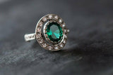 2.7ct Oval Cut Green Emerald Vintage Inspired Halo Ring 14k White Gold Finish