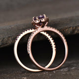 1.6ct Round Purple Amethyst Halo Bridal Set Engagement Ring 14k Rose Gold Finish