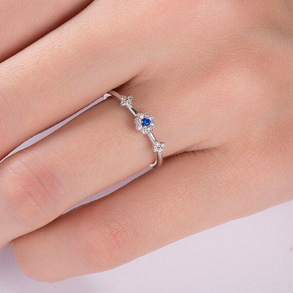 0.85ct Round Cut Blue Sapphire Engagement Ring 14k White Gold Finish Minimalist