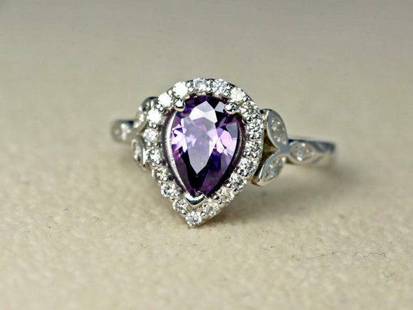 2ct Pear Cut Purple Amethyst Engagement Ring Halo Floral 14k White Gold Finish