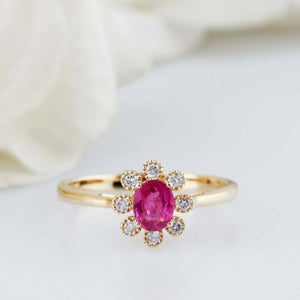 1.5ct Oval Cut Pink Ruby Engagement Ring Diamond Halo Women 14k Yellow Gold Over