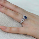 2.5ct Oval Cut Blue Sapphire Engagement Ring Halo Bridal Set 14k White Gold Over