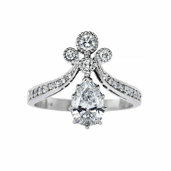 2ct Pear Cut Diamond Engagement Ring Vintage Tiara Victorian 14k White Gold Over