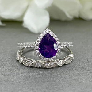 1.6ct Pear Purple Amethyst Halo Bridal Set Engagement Ring 14k White Gold Finish