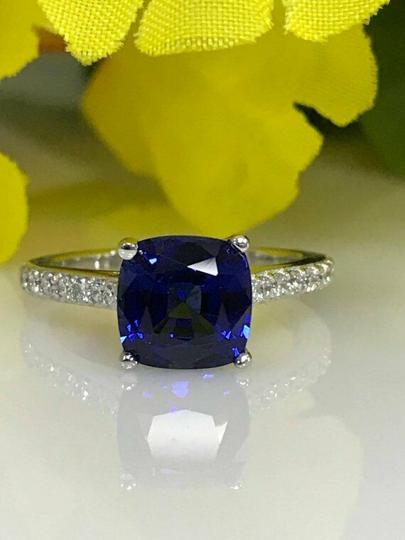 1.5ct Cushion Cut Blue Sapphire Solitaire Engagement Ring 14k White Gold Finish