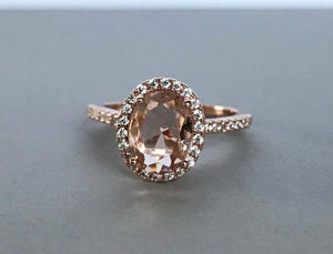 1.5ct Oval Cut Peach Morganite Halo Solitaire Engagement Ring 14k Rose Gold Over