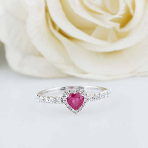 1.2ct Heart Cut Pink Ruby Engagement Ring Halo Solitaire 14k White Gold Finish