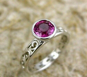 1Ct Round Pink Sapphire Vintage Solitaire Engagement Ring 14K White Gold Finish