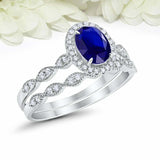 2.5ct Oval Cut Blue Sapphire Engagement Ring Bridal Set Halo 14k White Gold Over