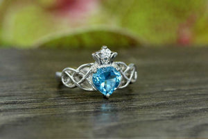 1ct Heart Cut Blue Topaz Engagement Ring Double Knot Crown 14k White Gold Finish