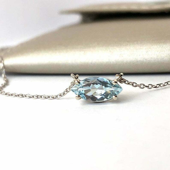 1ct Marquise Cut Blue Aquamarine Pendant with Chain Solitaire 14k WhiteGold Over