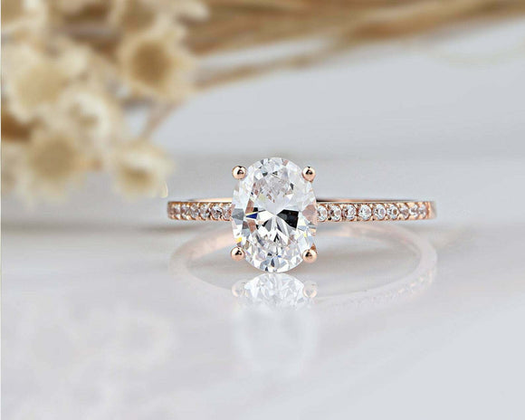 1.5ct Oval Cut Diamond Engagement Ring Solitaire with Accents 14k Rose Gold Over