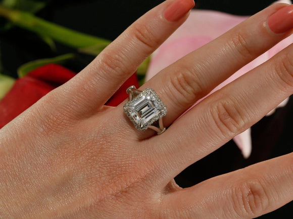 2.5ct Emerald Cut Diamond Split Band Halo Engagement Ring 14k White Gold Finish