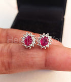 1ct Oval Cut Simulated Pink Ruby Floral Halo Stud Earrings 14k White Gold Plated