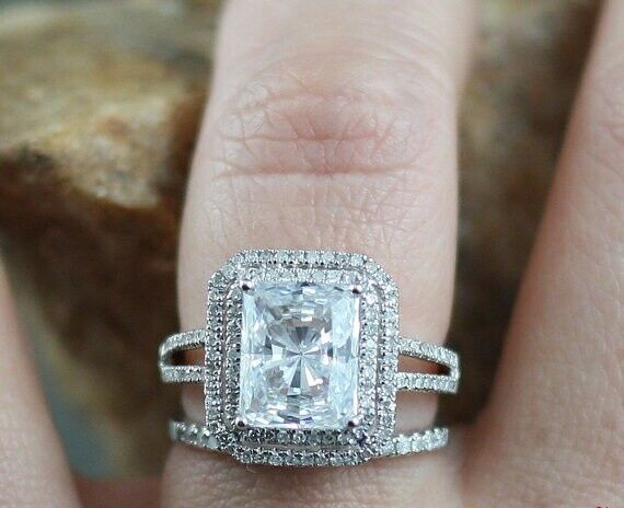 6Ct Radiant Cut Diamond Bridal Set Dual Halo Ring Band 14K White Gold Finish