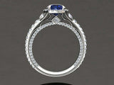 3ct Round Blue Sapphire Milgrain Accent Diamond Halo Ring 14k White Gold Finish