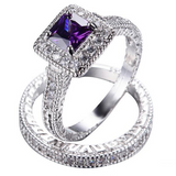 3Ct Princess Cut Amethyst Bridal Set Halo Engagement Ring 18K White Gold Finish