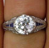 3Ct Round Diamond Sapphire Vintage Art Deco Engagement Ring 14K White Gold Over