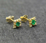 1.5ct Stud Earrings Princess Cut Emerald Vintage Inspired 14k Yellow Gold Finish