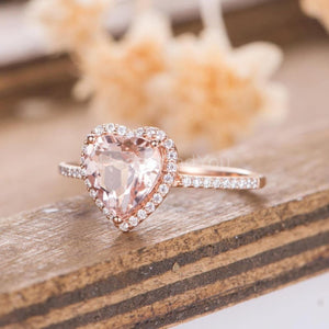 1ct Heart Cut Simulated Peach Morganite Halo Engagement Ring 14k RoseGold Plated