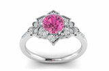 2.2ct Round Cut Pink Sapphire Flower Milgrain Halo Ring 14k White Gold Finish